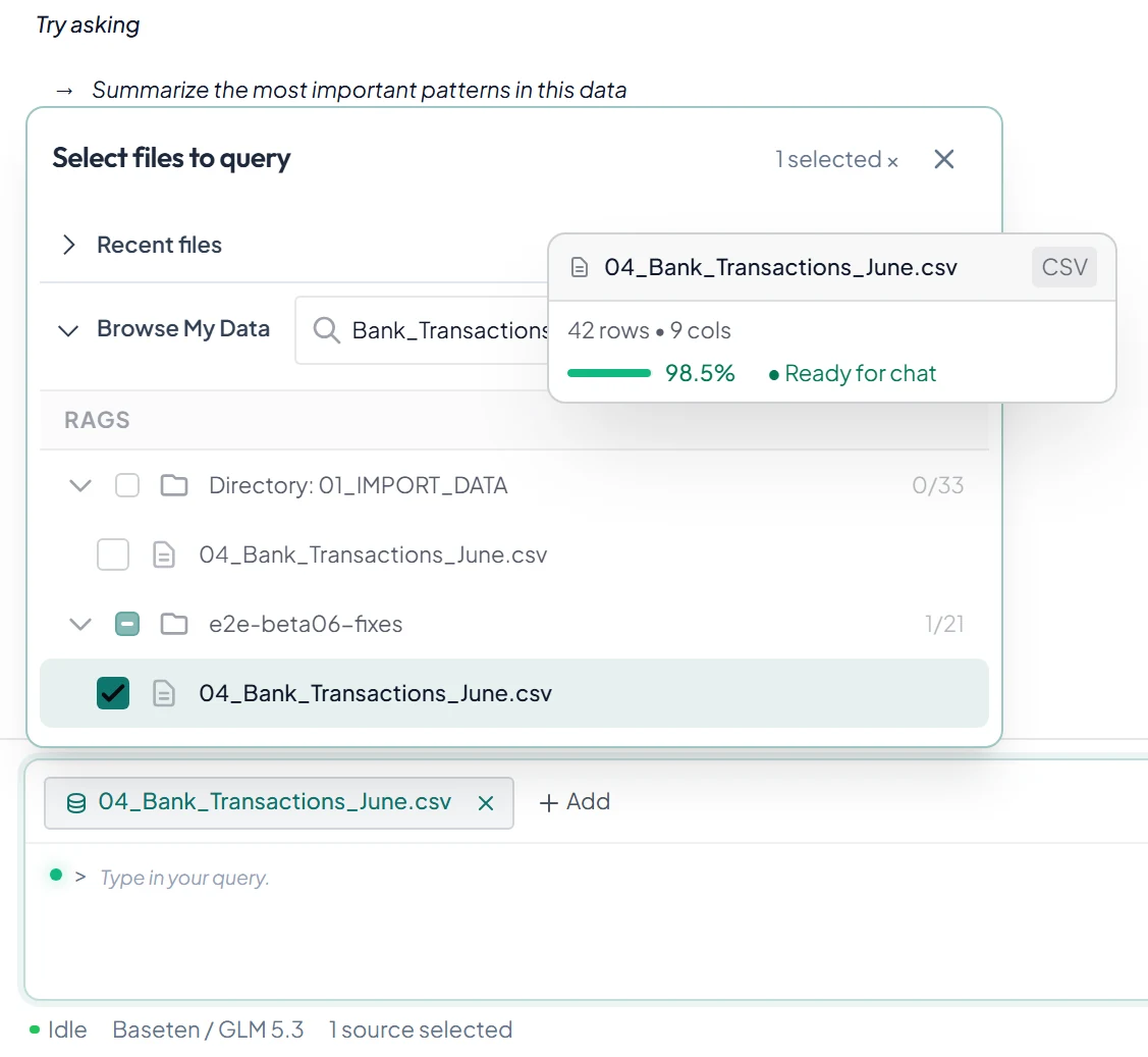The Select files to query panel with one CSV ticked, its card reading 42 rows, 9 columns, Ready for chat, and the file shown as a chip above the question box.