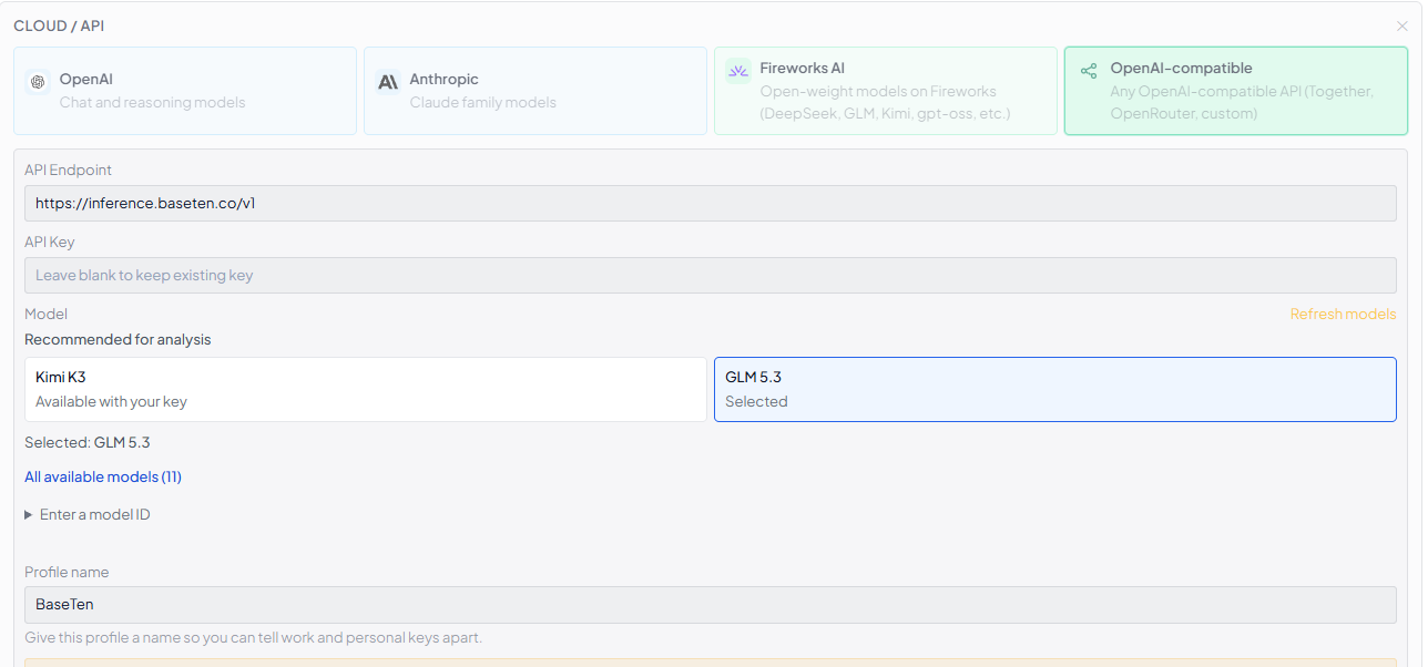 RangerIO's AI provider settings. The API Key field is outlined in dark red to show where to paste your key.