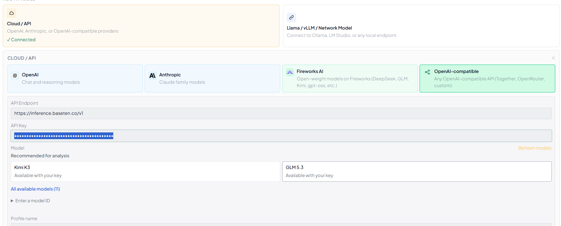 The Cloud / API settings with provider tabs for OpenAI, Anthropic, Fireworks AI and OpenAI-compatible, an API Endpoint of https://inference.baseten.co/v1, and the API Key hidden as dots.