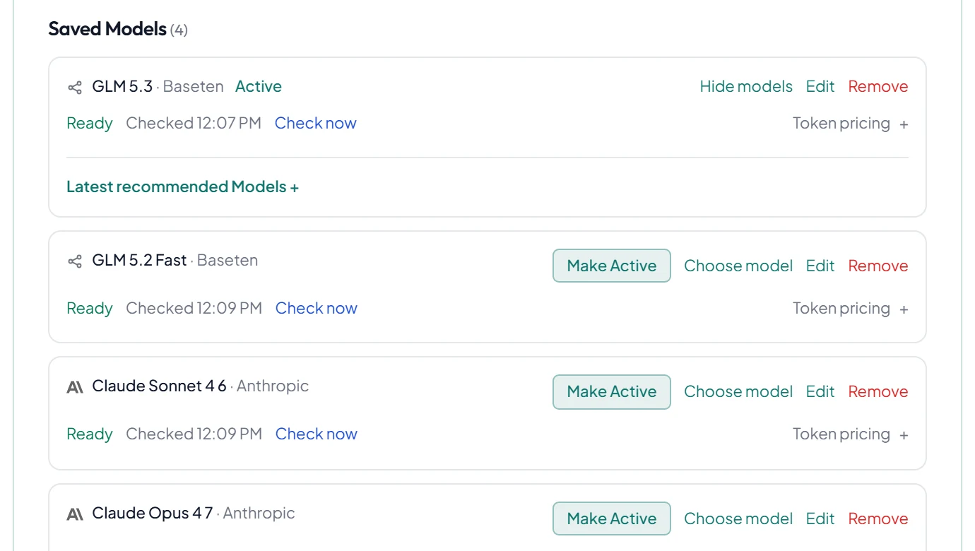 The Saved Models list showing one active model and three others, each with Make Active, Choose model, Edit and Remove.