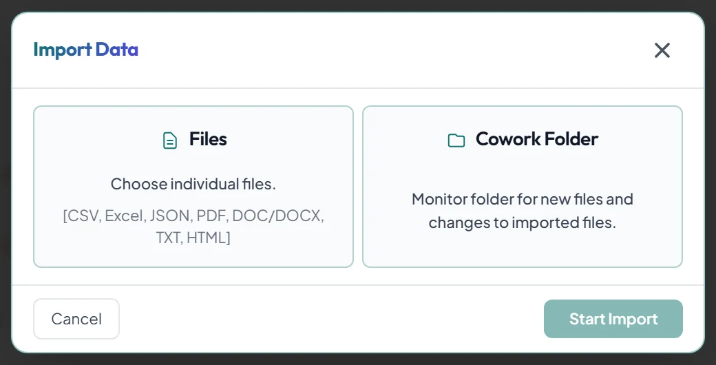 The Import Data dialog offering Files or Cowork Folder.