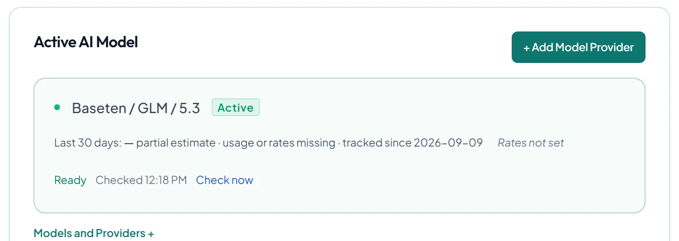 The Active AI Model panel on the home screen, with the Add Model Provider button at top right and a model marked Active and Ready.