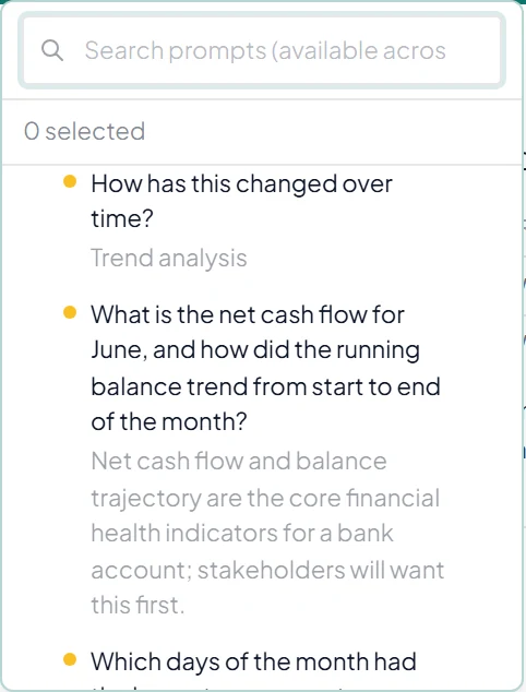 The Prompts menu listing AI-suggested questions for a bank file, such as the net cash flow for June and how the running balance trended, each with a short reason.