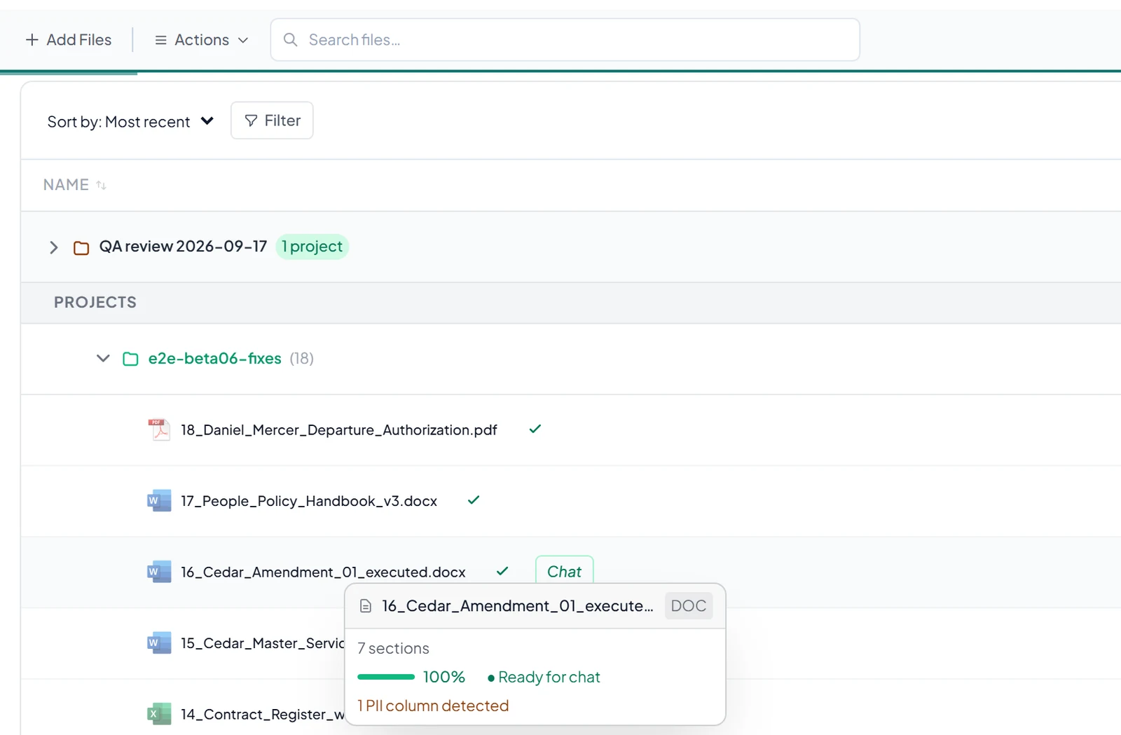 The My Data list with test-pack files marked by green ticks, and a hover card reading Ready for chat.