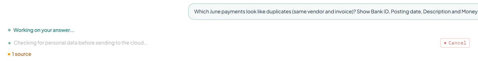 A question in progress, showing Working on your answer and Checking for personal data before sending to the cloud, with a Cancel button.