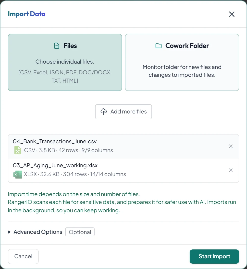 The Import Data dialog listing a CSV with 42 rows and an Excel file with 304 rows, with the Start Import button.